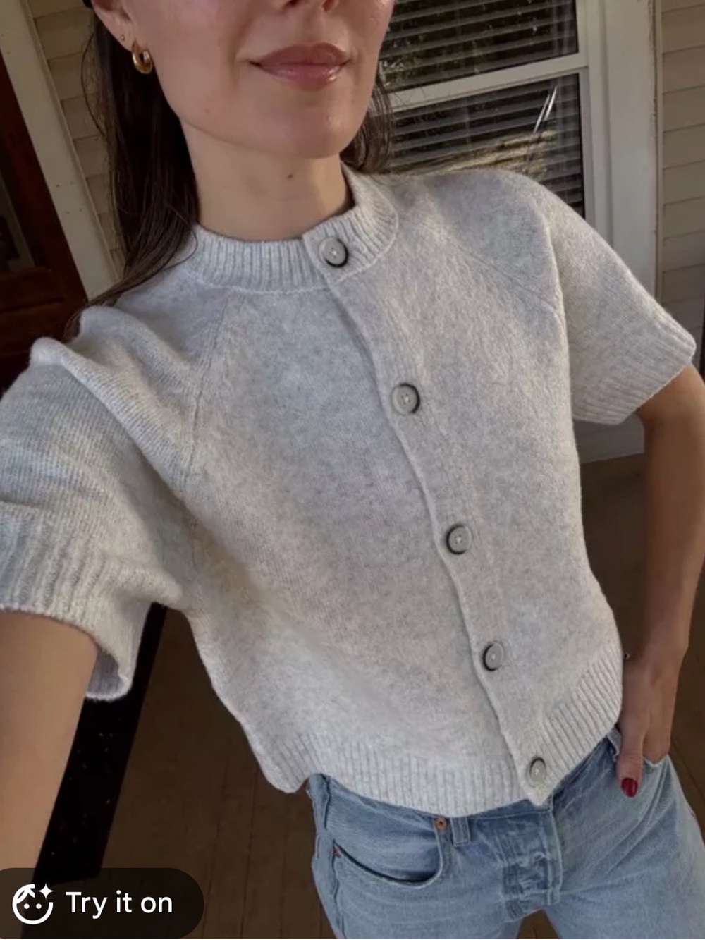 Universal Thread Cream Short-Sleeve Button Front Sweater